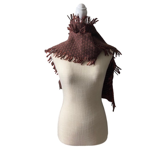 Brown & Orange 100% Irish Wool Reversible Dot Print /Stripe Print Frilly Scarf - Picture 3 of 9